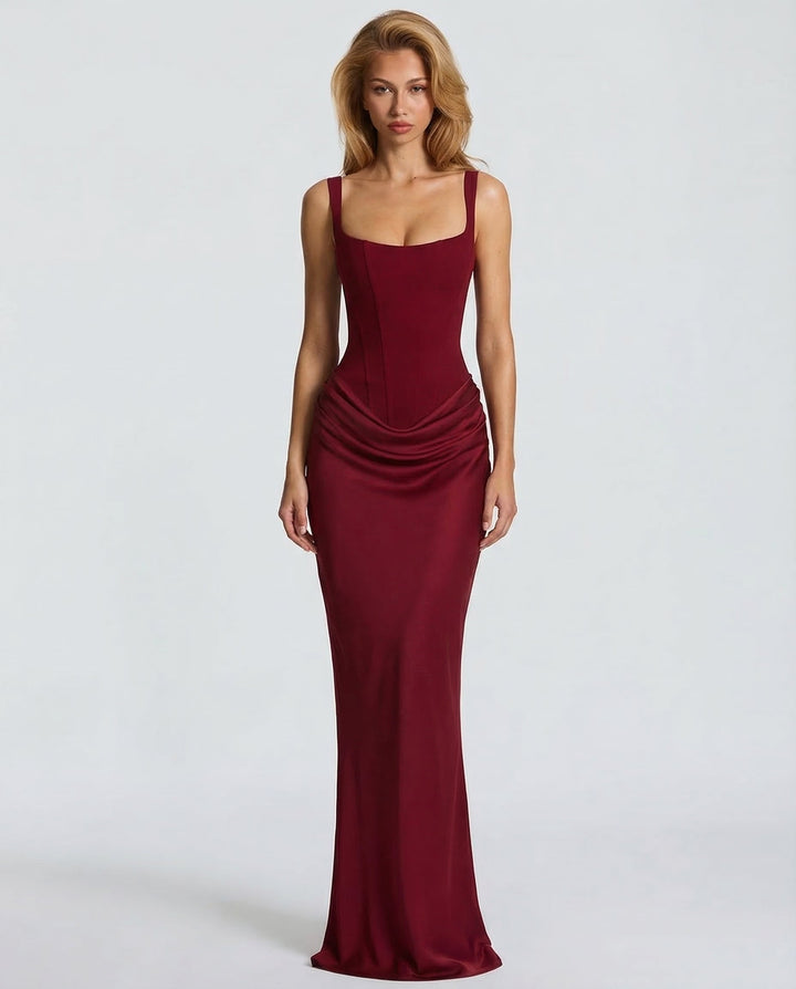 Women's Maxi Corset Dress with Draped Waist and Sculpted Silhouette