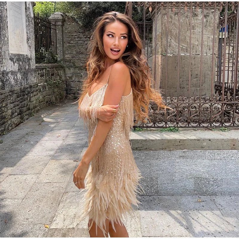 Women's Feather Mini Dress Glamorous & Playful