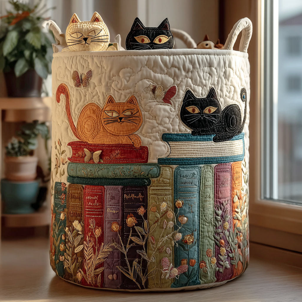 Quilted Laundry Basket with Cat Design – Foldable Storage Basket