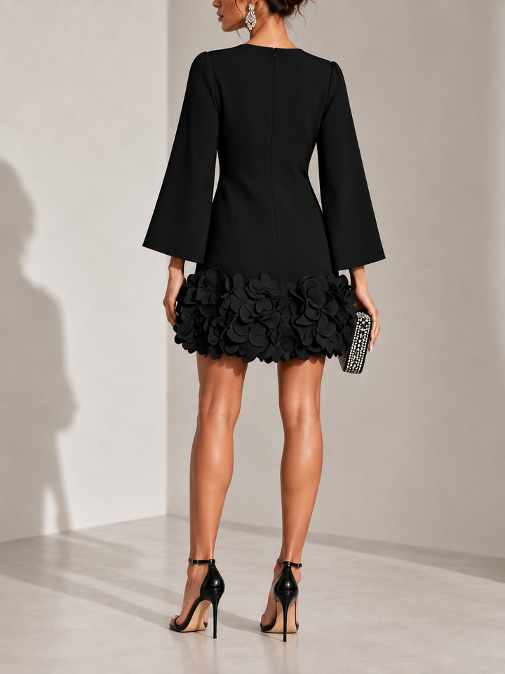 Elegant Short Dress with 3D Floral Appliqué and Flared Long Sleeves