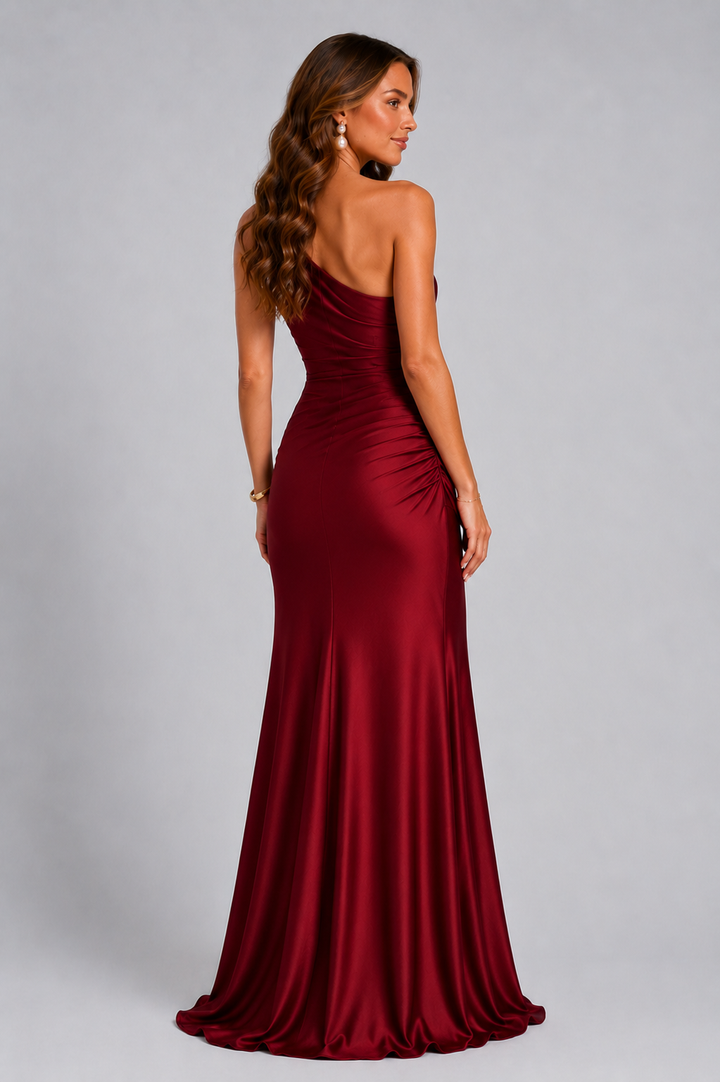 One-shoulder draped satin maxi dress
