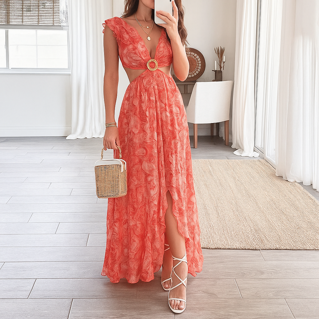Floral Print V-Neck Maxi Dress