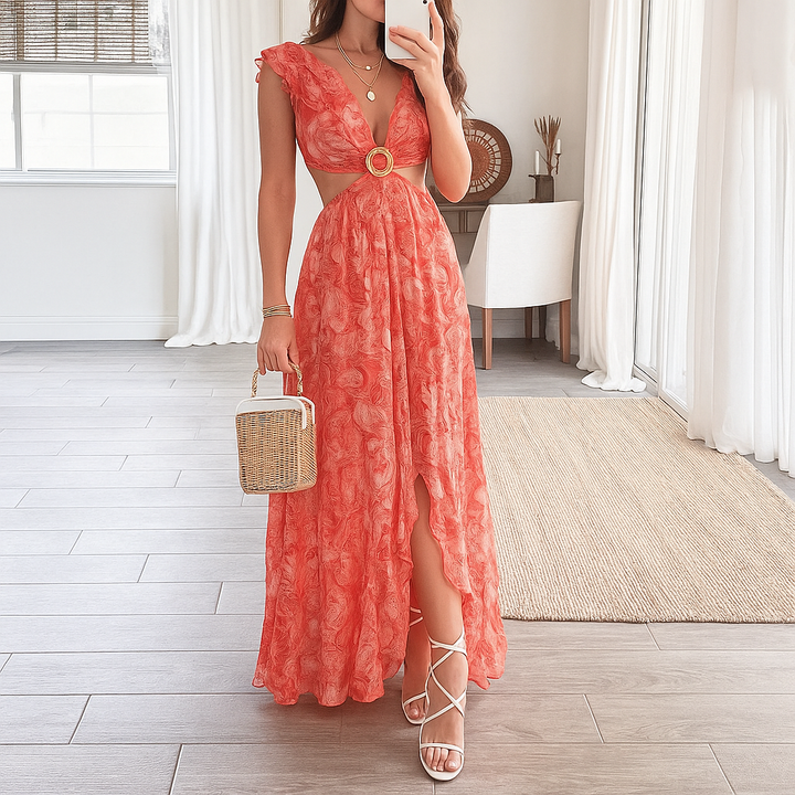 Floral Print V-Neck Maxi Dress