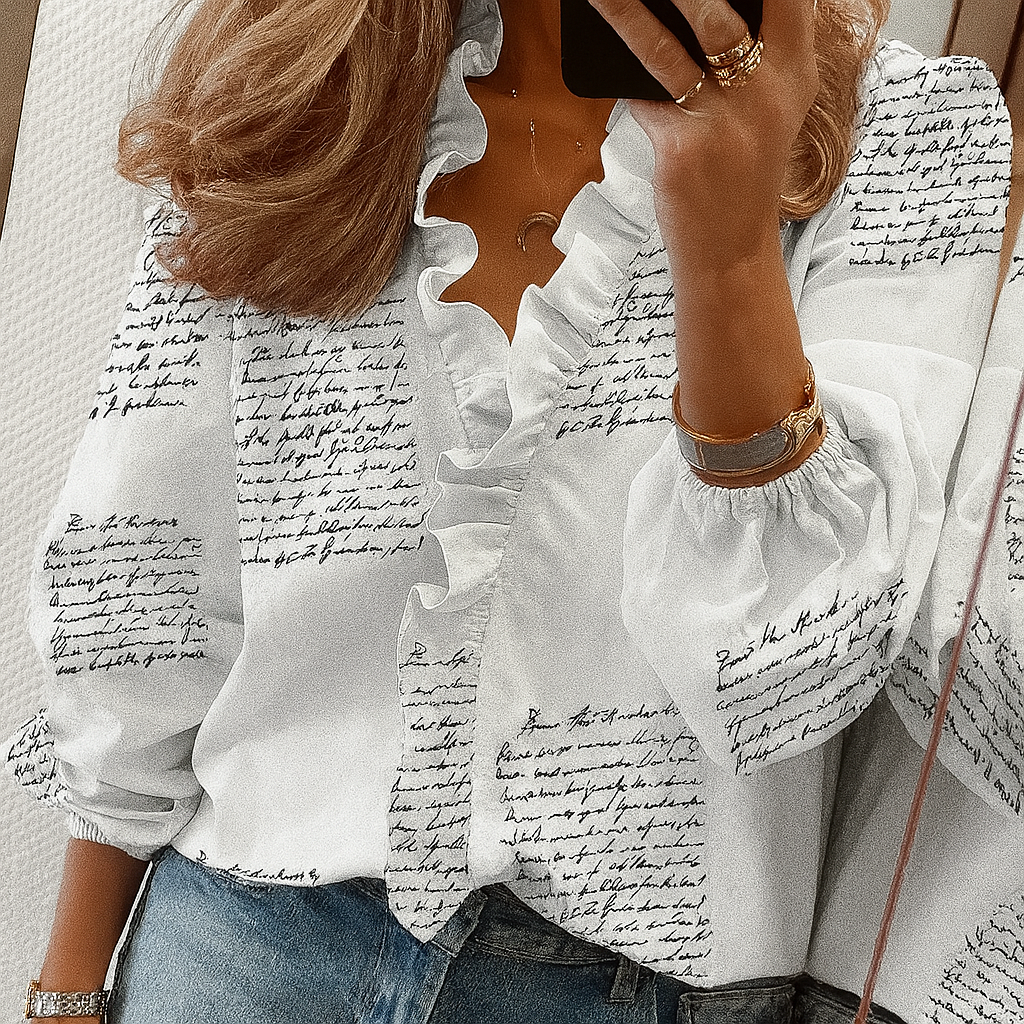 Teal Ruffle Trim Blouse with Puff Sleeves