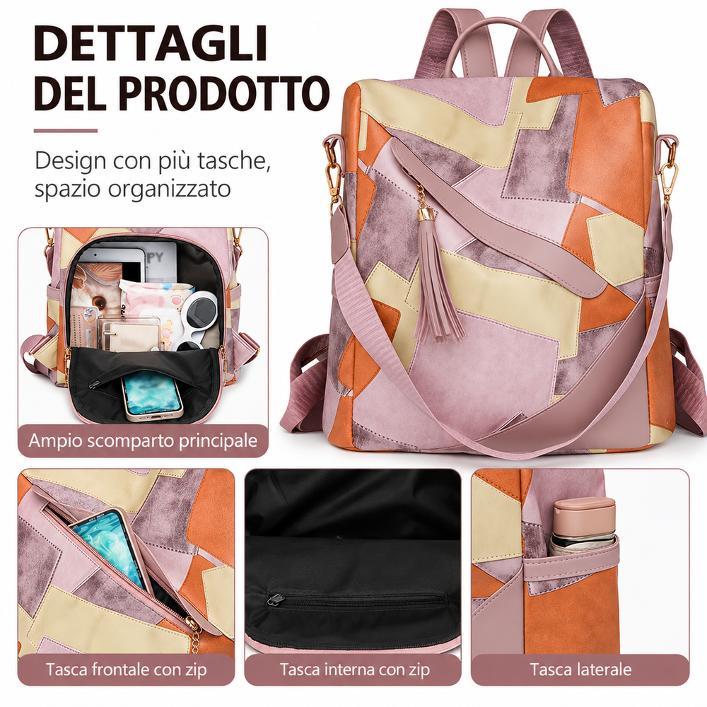 Checked anti-theft rucksack with multiple pockets