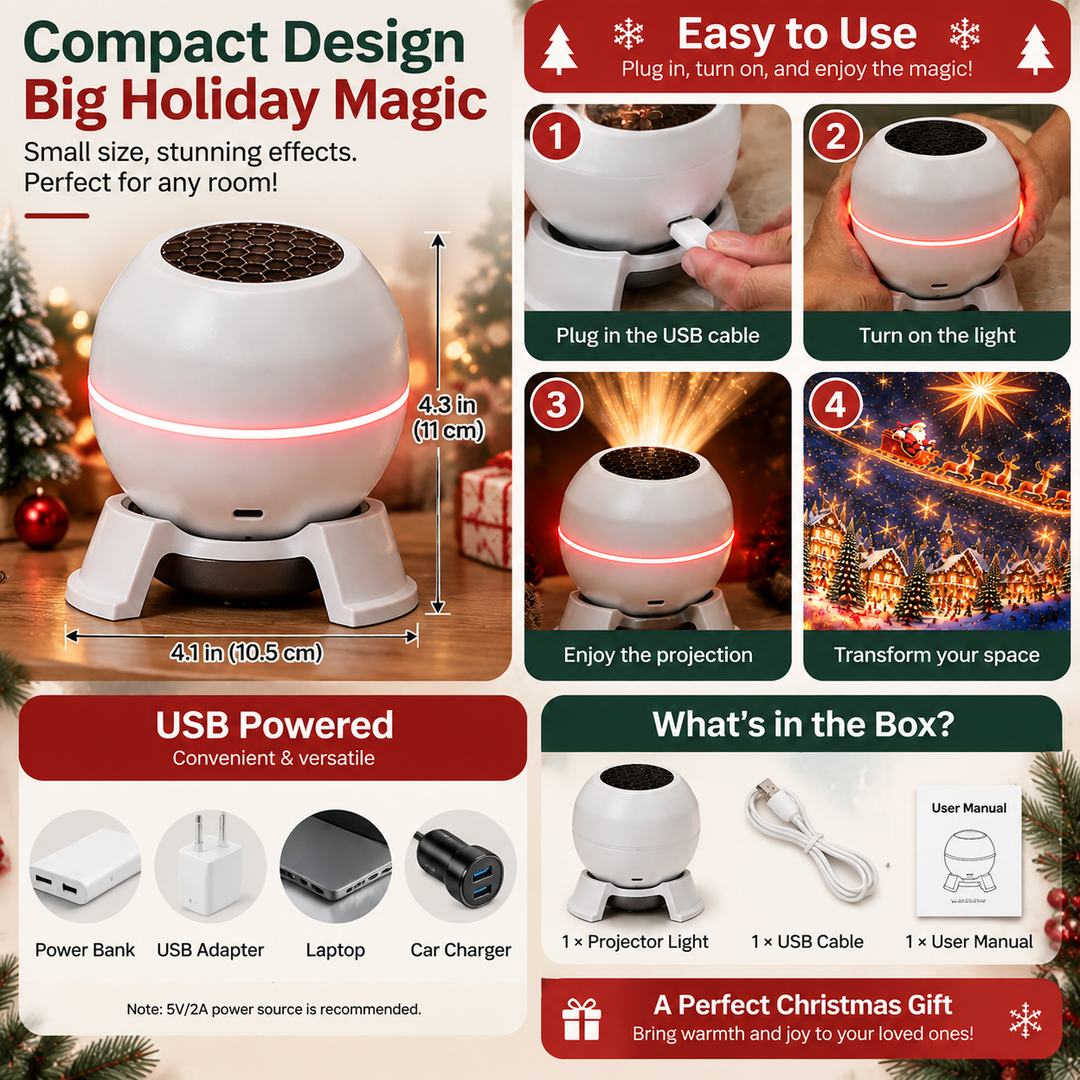 Christmas Light Projector with Moving Star Patterns, USB-Powered, White