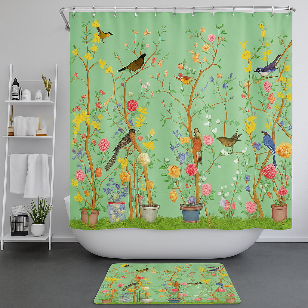 Vibrant Green Bathroom Decor with Matching Mat