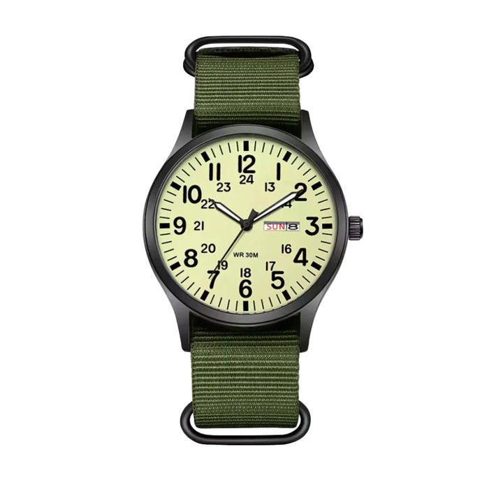 Men's Field-Style Watch with Woven Fabric Strap and Day-Date Display