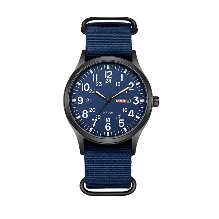 Men's Field-Style Watch with Woven Fabric Strap and Day-Date Display