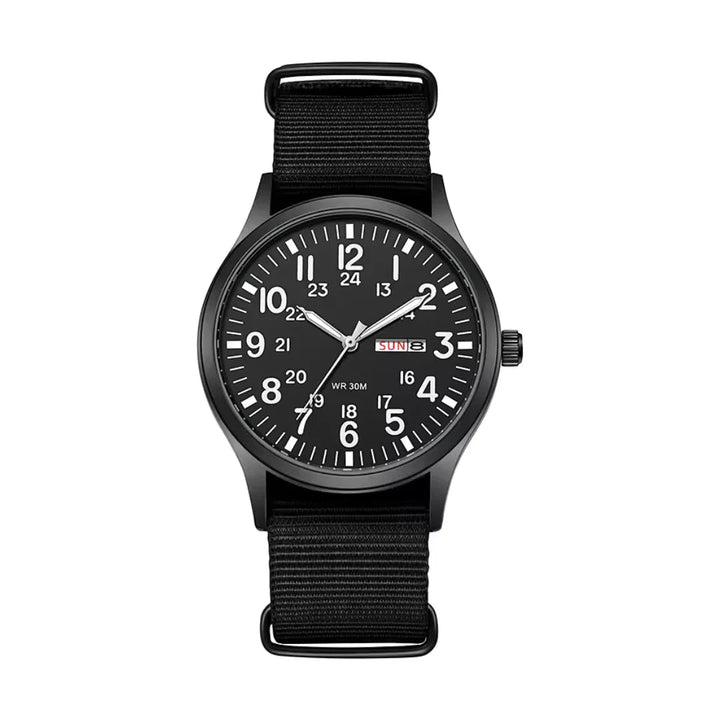 Men's Field-Style Watch with Woven Fabric Strap and Day-Date Display