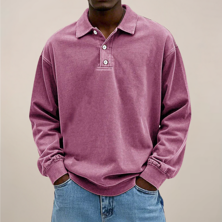 Men's Long-Sleeve Polo Shirt with Button Placket and Relaxed Fit
