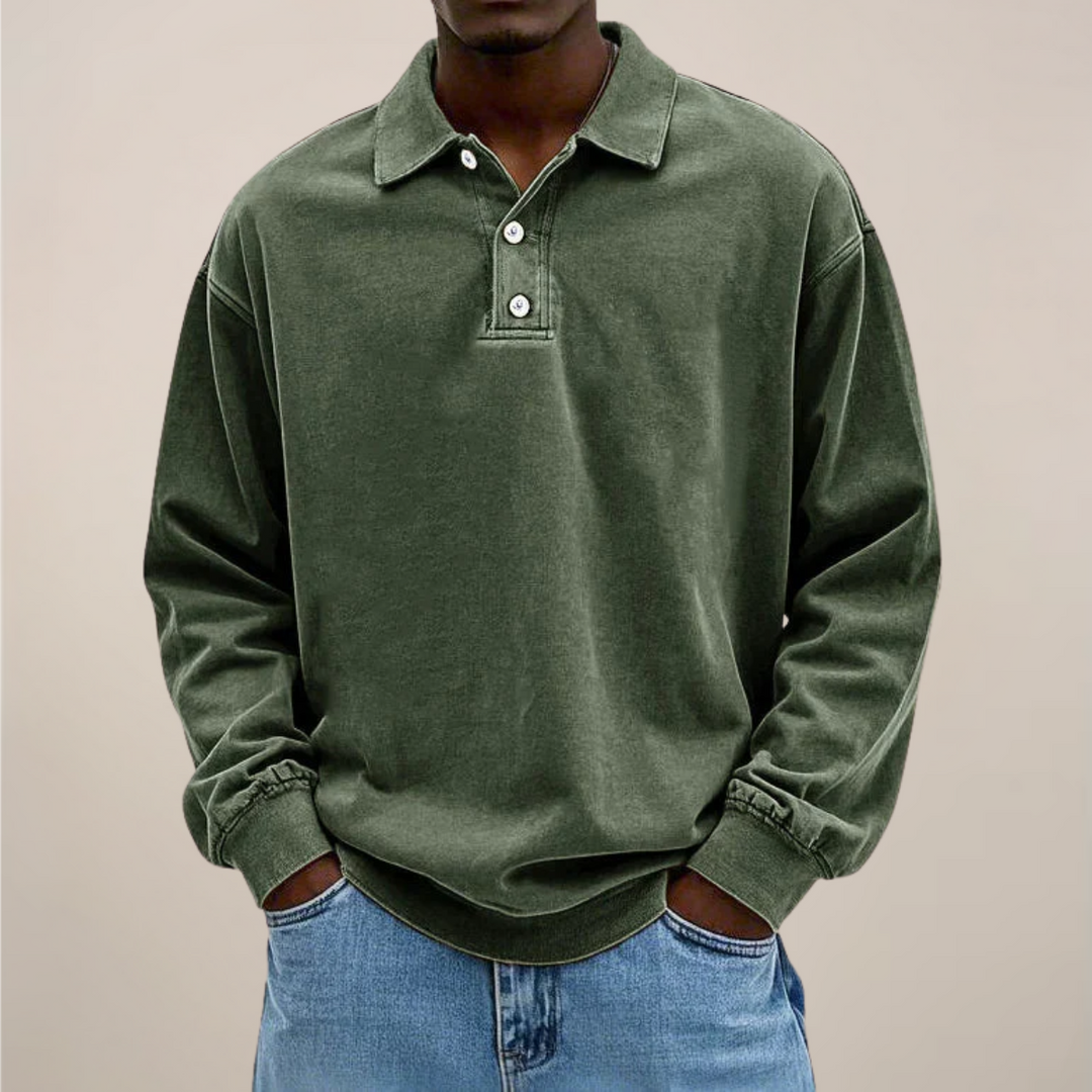 Men's Long-Sleeve Polo Shirt with Button Placket and Relaxed Fit