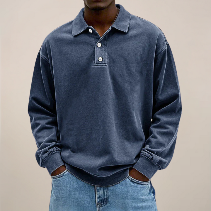 Men's Long-Sleeve Polo Shirt with Button Placket and Relaxed Fit