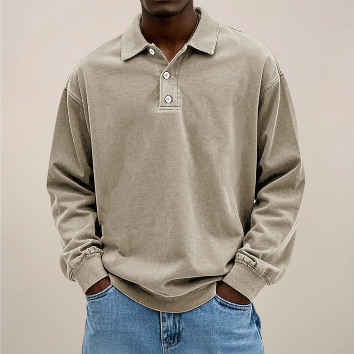 Men's Long-Sleeve Polo Shirt with Button Placket and Relaxed Fit