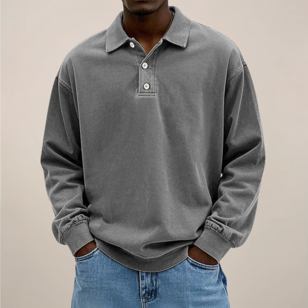 Men's Long-Sleeve Polo Shirt with Button Placket and Relaxed Fit