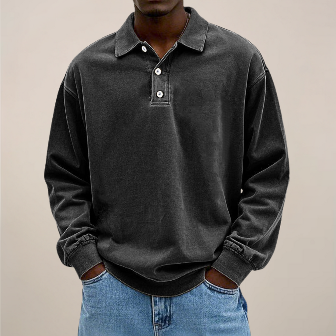 Men's Long-Sleeve Polo Shirt with Button Placket and Relaxed Fit