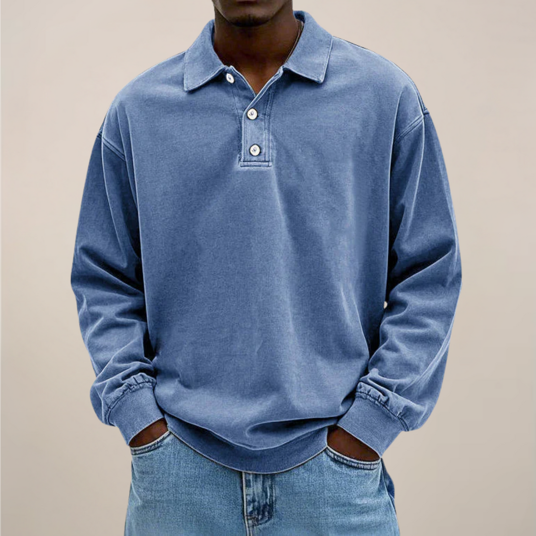 Men's Long-Sleeve Polo Shirt with Button Placket and Relaxed Fit