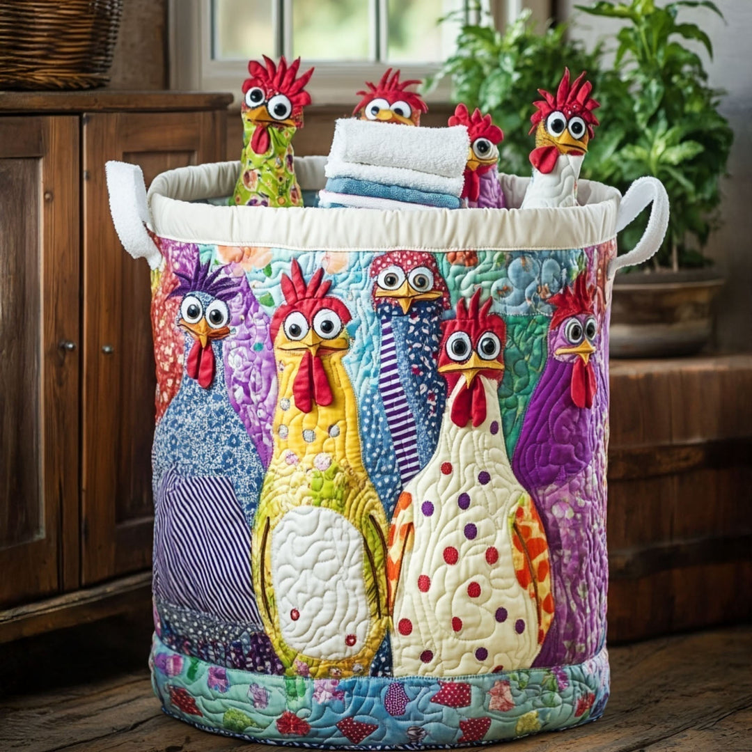 Quilted, hand-sewn basket with rooster motif