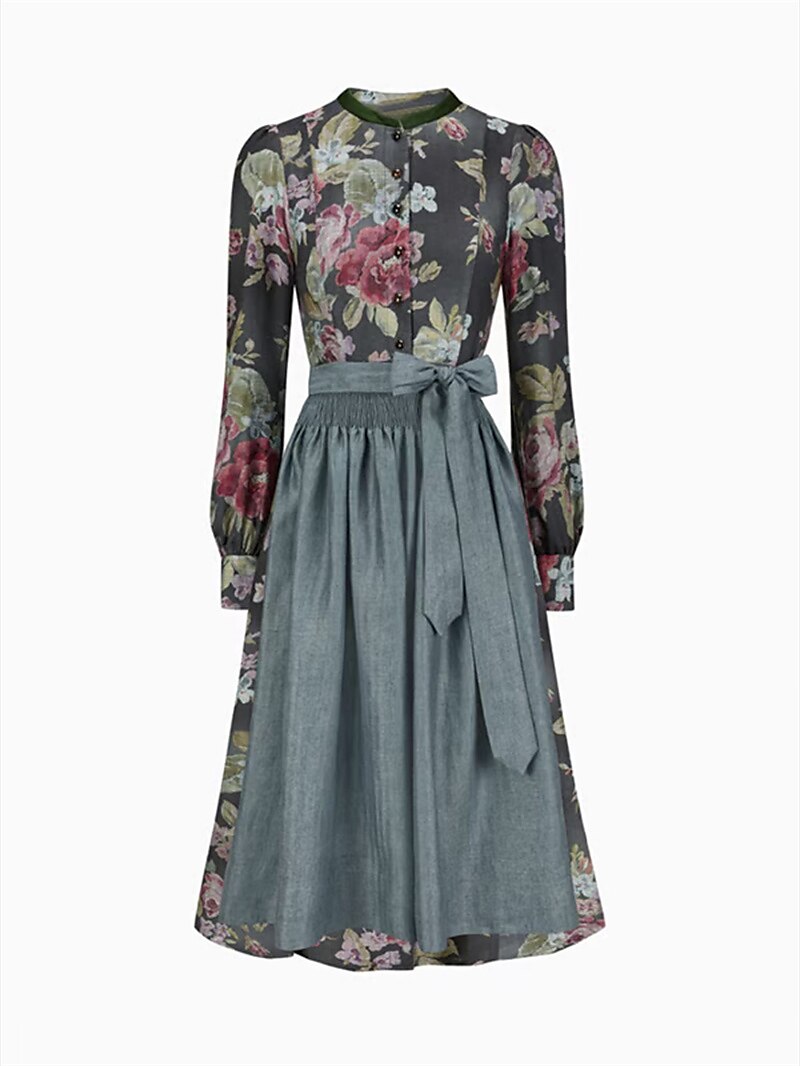 Women's Long Vintage Dirndl Dress with Floral Print and Apron, Made of High-Quality Fabric