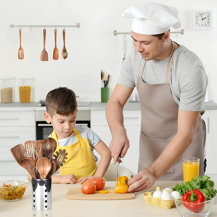 11-Piece Teak Kitchen Utensil Set | With Stand | Natural Wood