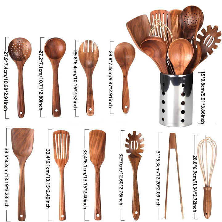11-Piece Teak Kitchen Utensil Set | With Stand | Natural Wood