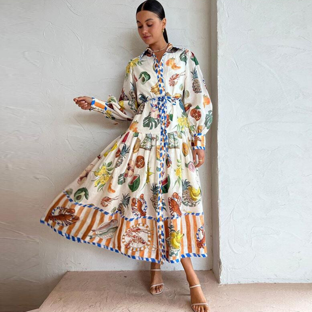 Flared Midi Dress with an All-Over Graphic Print - Lela