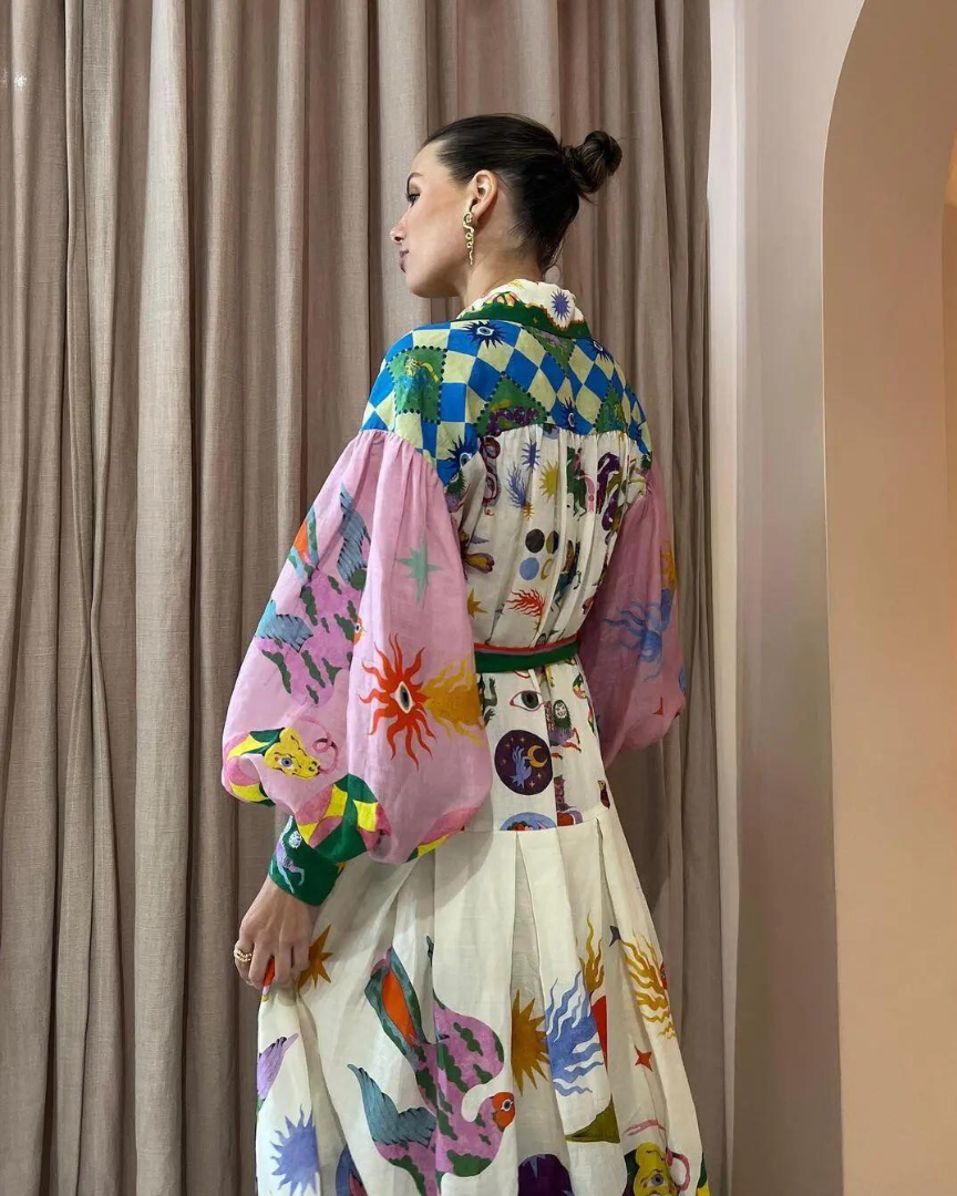 Flared Midi Dress with an All-Over Graphic Print - Lela