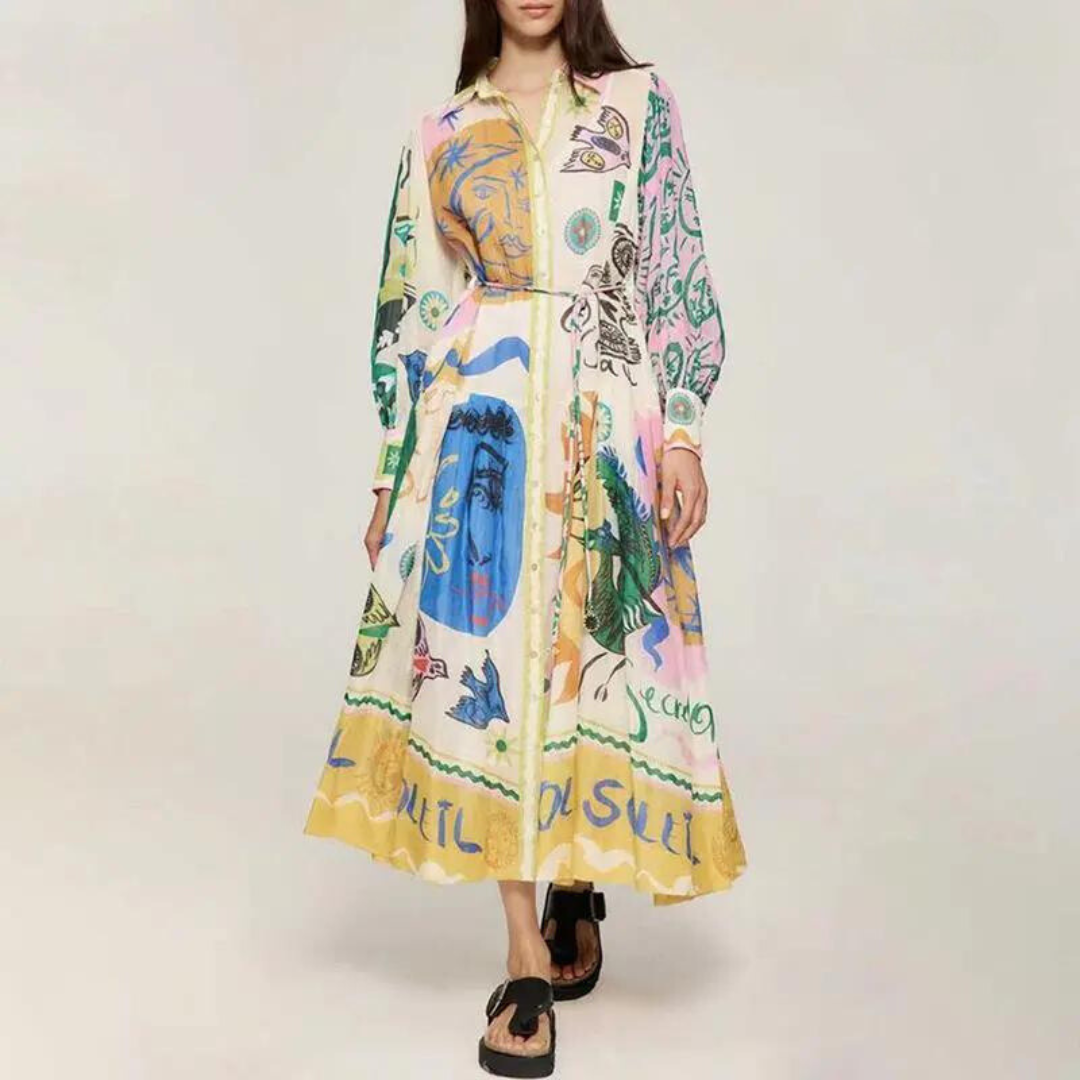 Flared Midi Dress with an All-Over Graphic Print - Lela