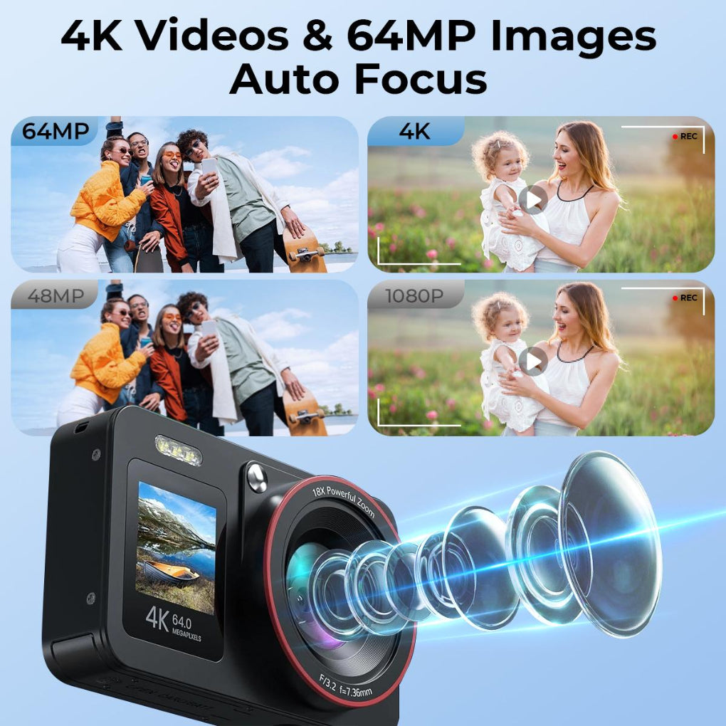 4K 64MP Digital Camera Dual Screen Selfie, 18X Zoom, 32GB Card &amp; 2 Batteries for Beginners YouTube Vlog, Kentfaith