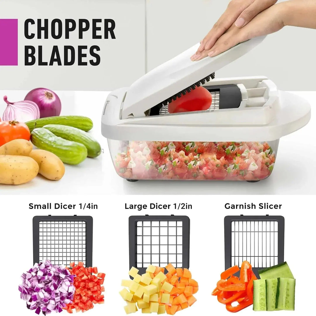 Vegetable Chopper | Dicing, Slicing and Grating | Collection Container & Safety Holder