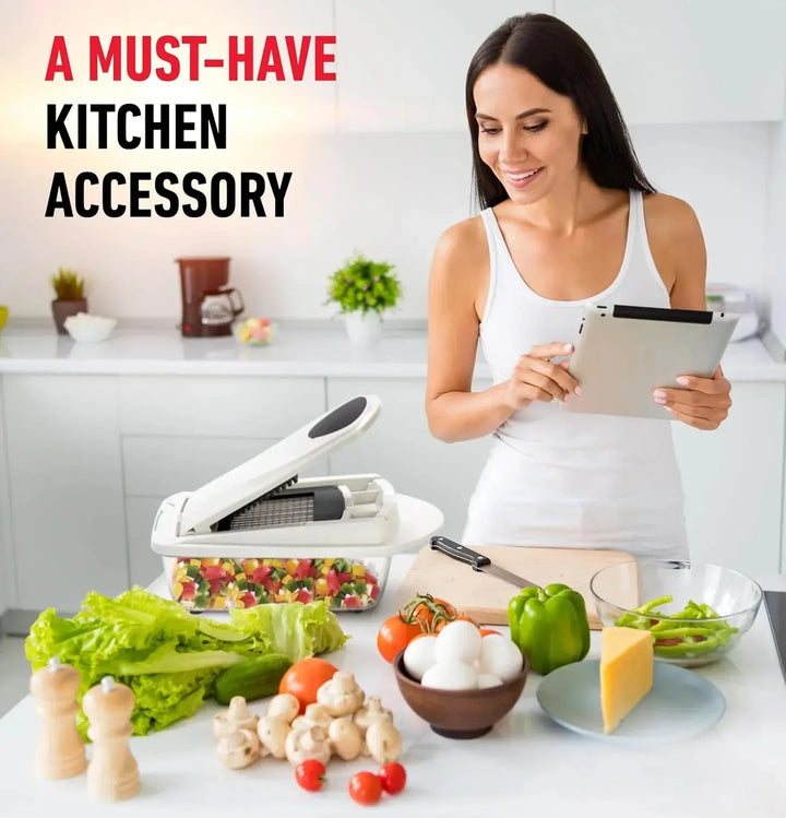 Vegetable Chopper | Dicing, Slicing and Grating | Collection Container & Safety Holder