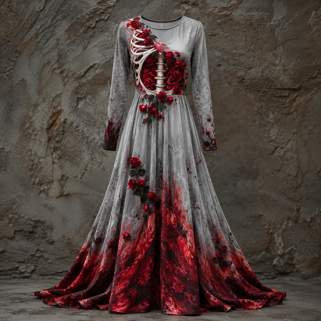 Women's Halloween Dress with Long Sleeves, Maxi Length with Skeleton-Style Bodice
