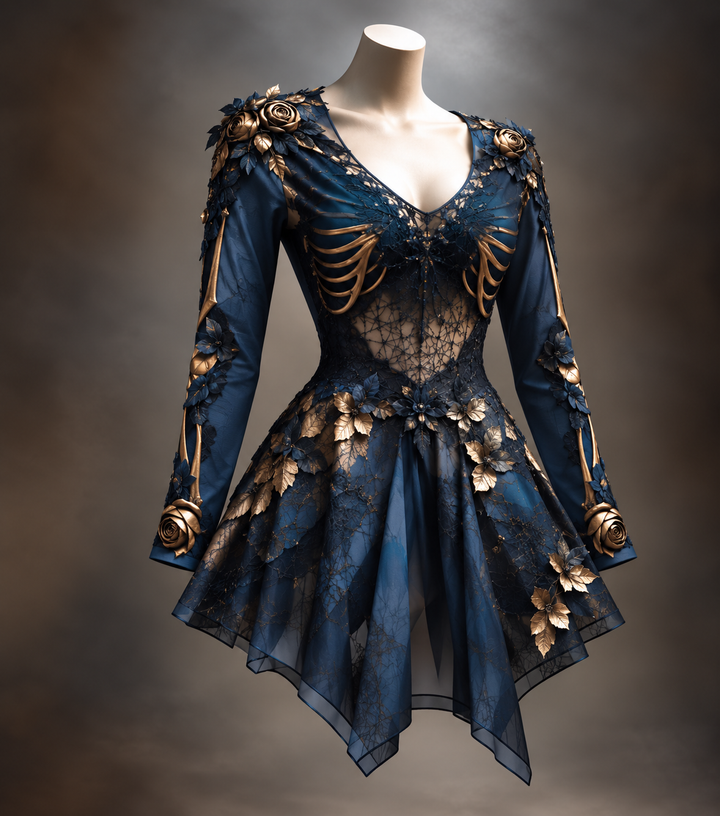 Women's Gothic Long-Sleeve V-Neck Mini Dress with Bone and Floral Detail