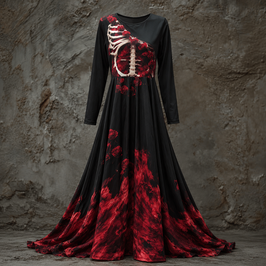 Women's Halloween Dress with Long Sleeves, Maxi Length with Skeleton-Style Bodice