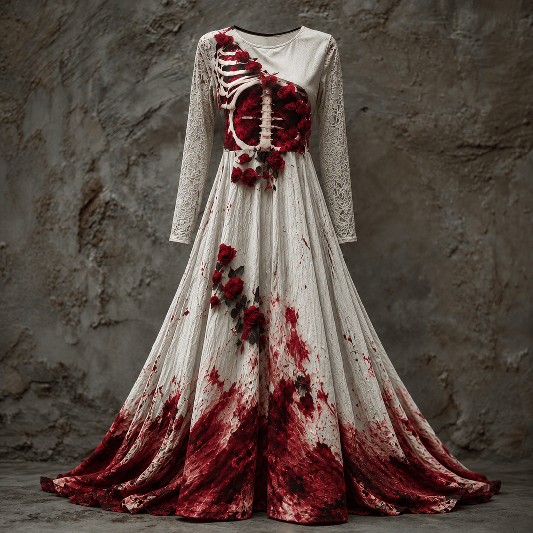 Women's Halloween Dress with Long Sleeves, Maxi Length with Skeleton-Style Bodice