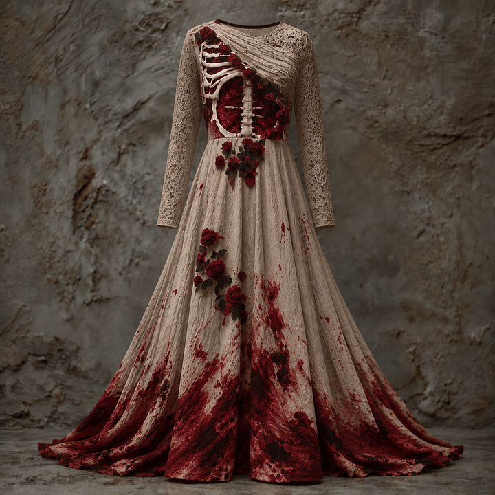 Women's Halloween Dress with Long Sleeves, Maxi Length with Skeleton-Style Bodice