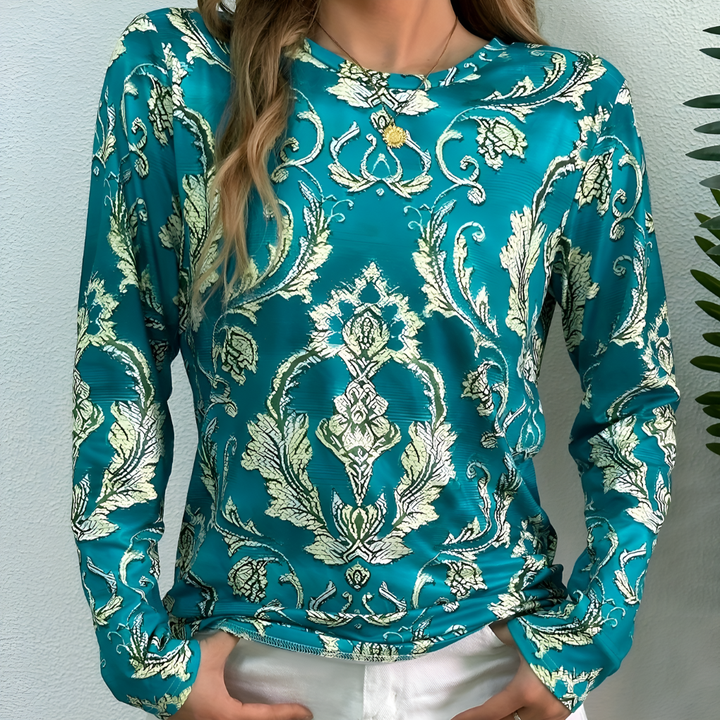 Women’s Green Round-Neck Printed Long-Sleeve Blouse