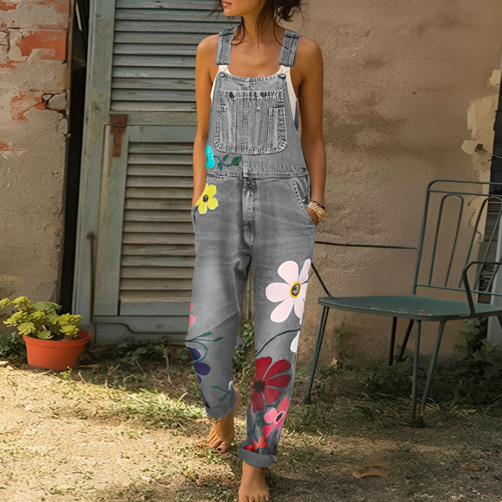 Stylish Denim Jumpsuit with Floral Pattern