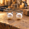 Cat pearl stud earrings in sterling silver