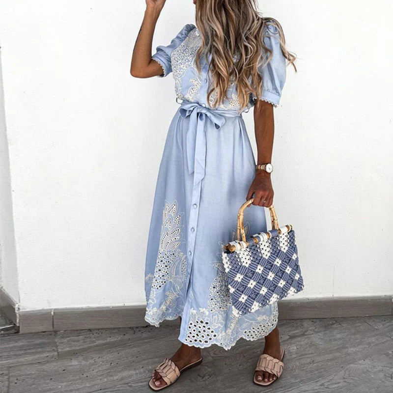 Women’s Embroidered Blue Dress with Elegant Detailing