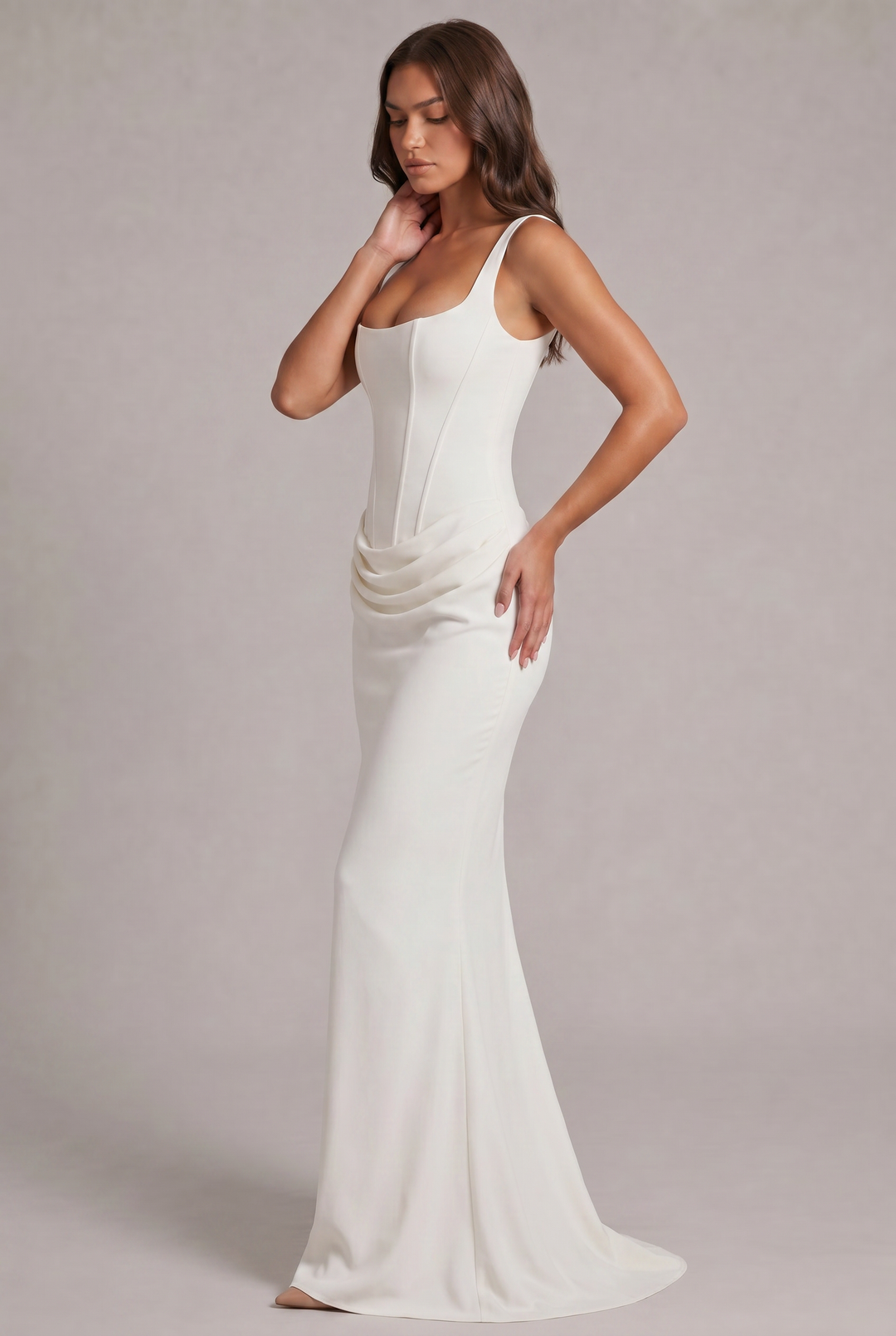 Maxi dress with structured corset bodice and square neckline