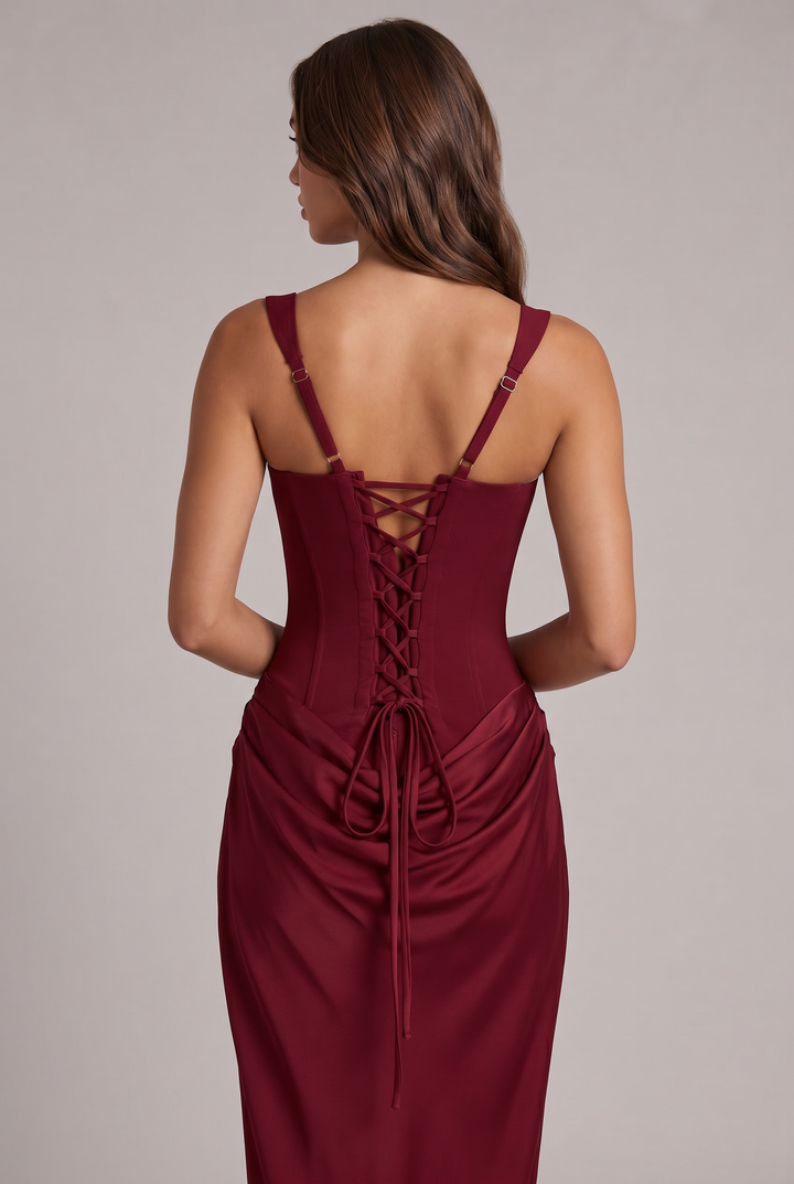 Maxi dress with structured corset bodice and square neckline