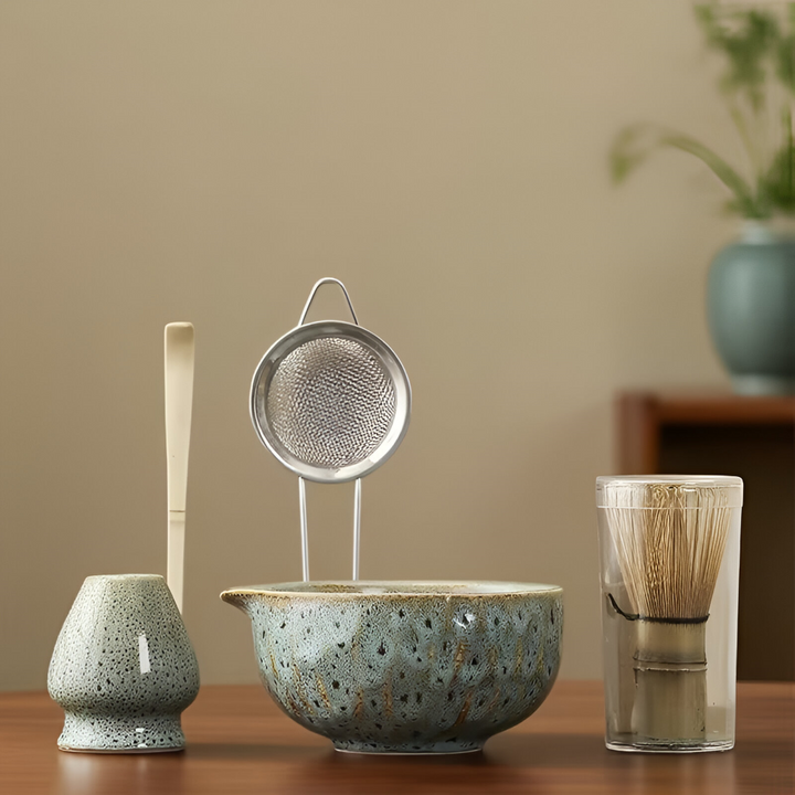5-piece matcha set with handmade ceramic bowl and bamboo accessories
