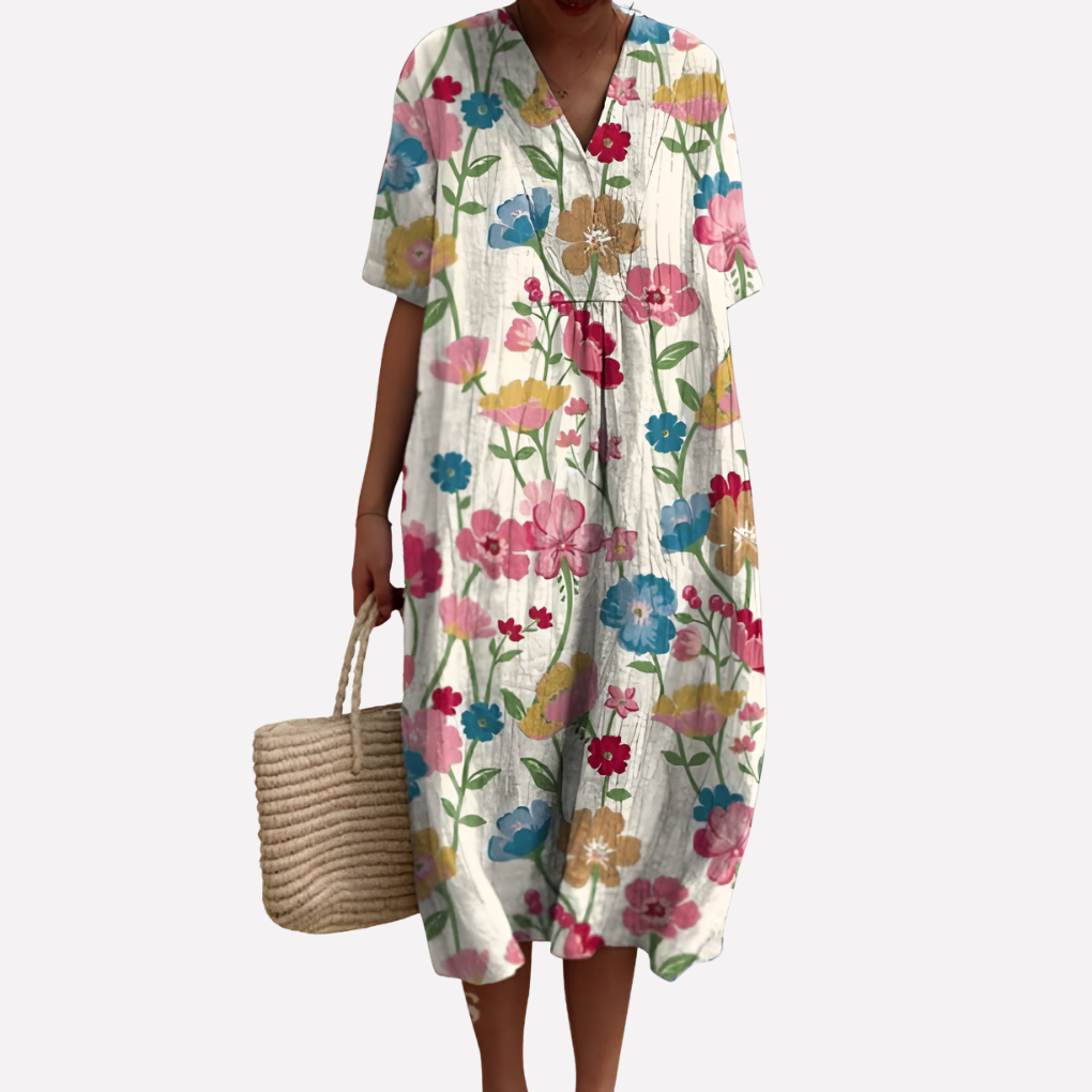Women’s Floral Summer Dress – V‑Neck and Short Sleeves