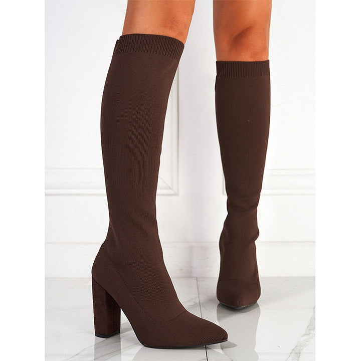 Knee-High Stretch Boots with Block Heel - Camille