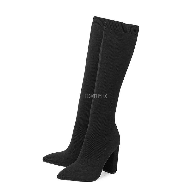 Knee-High Stretch Boots with Block Heel - Camille