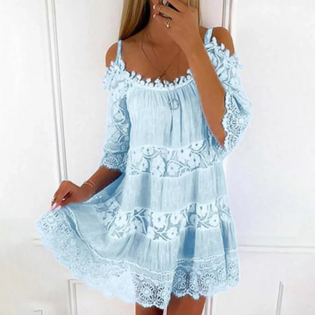 Summer Mini Dress with Crochet Lace and Embroidery