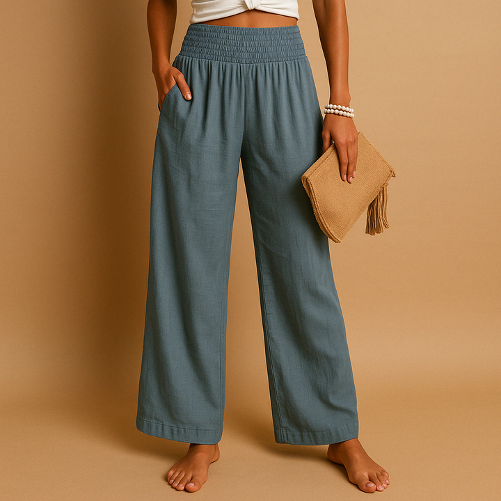 Elegant High Waist Linen Trousers for Women – Casual Elastic Waist