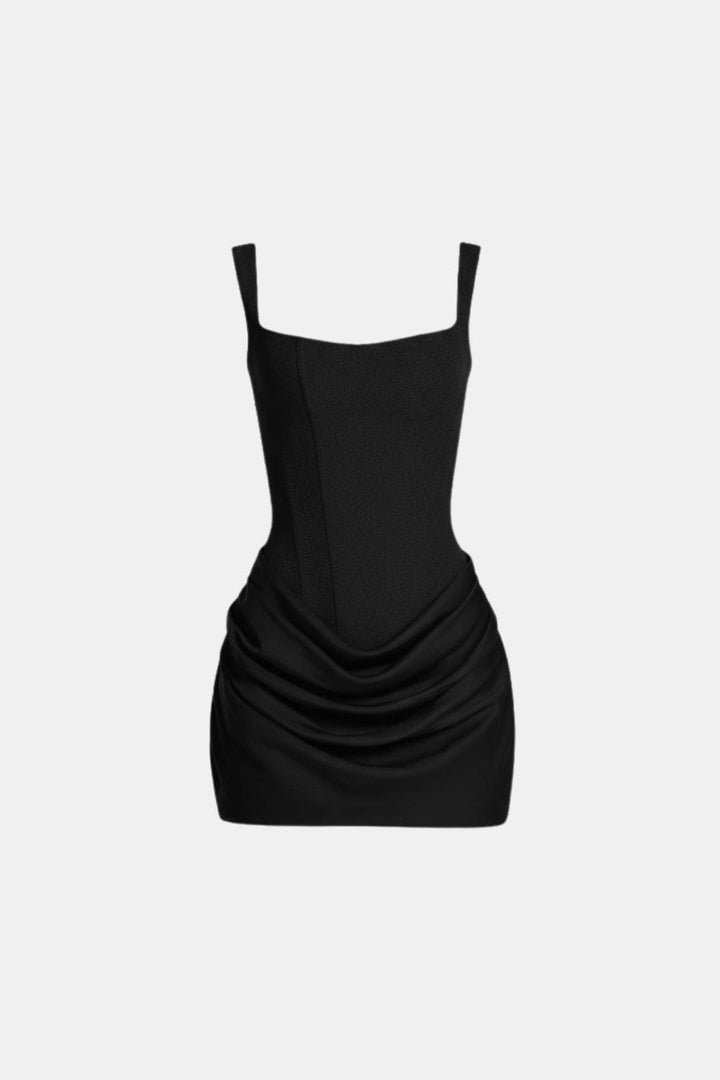 Mini dress with boned bodice, square neckline, draped skirt and lace-up back.