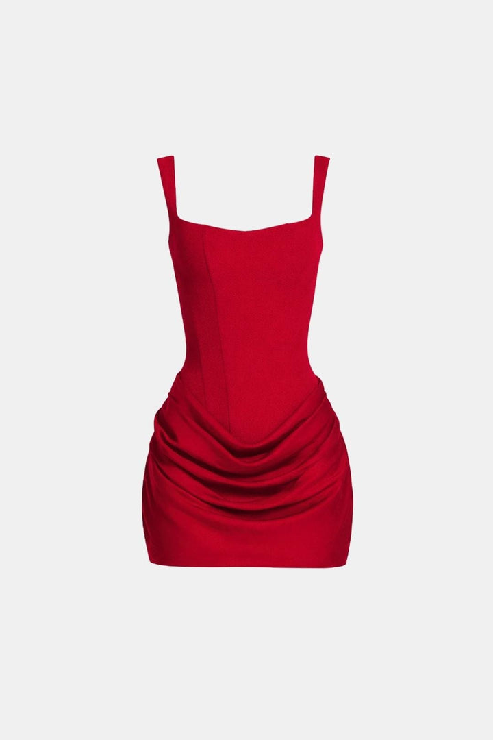 Mini dress with boned bodice, square neckline, draped skirt and lace-up back.